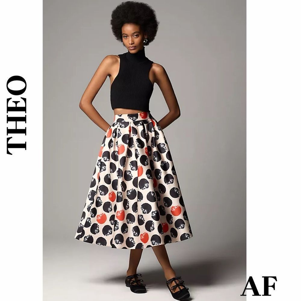 Theo Clio Black and Red Patterned A-Line Skirt Size Medium NWT